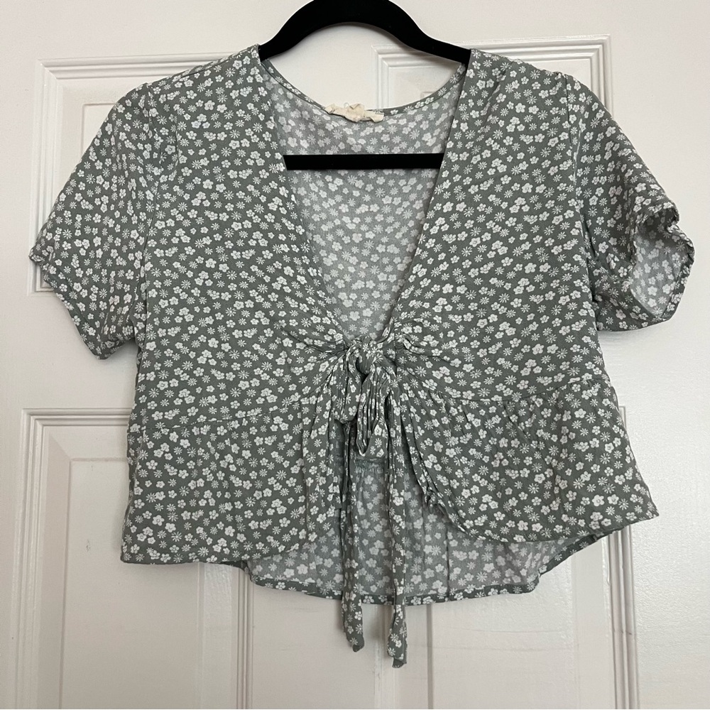 Sage Green Floral Tie Front Crop Top